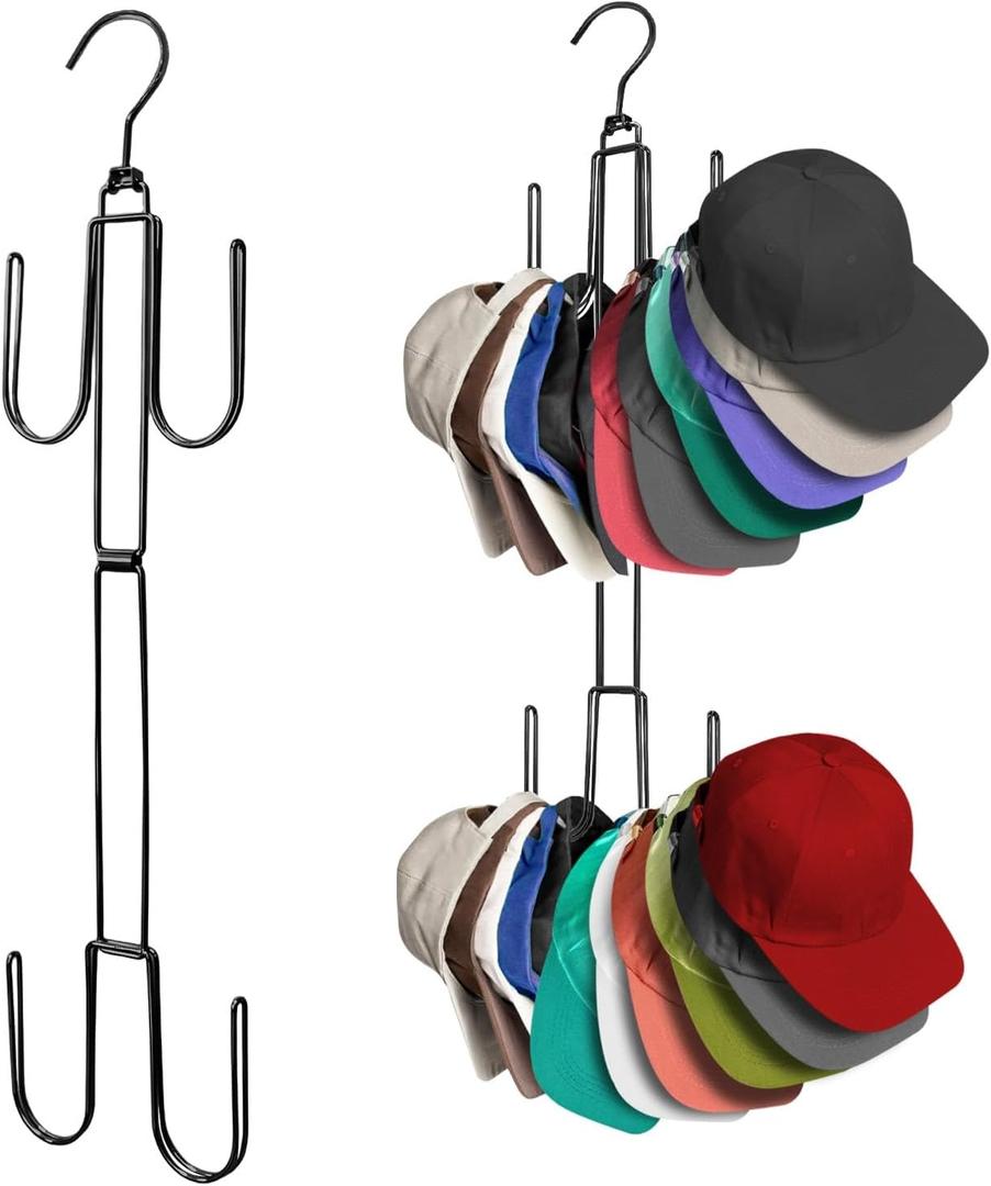 Hat Organizer for Closet, Collapsible Metal Cap Rack with 360° Rotating Hooks, Space Saving Hat Hanger Holds 40+ Baseball Caps Holder for Wall, Door or Closet Display Pack of 4