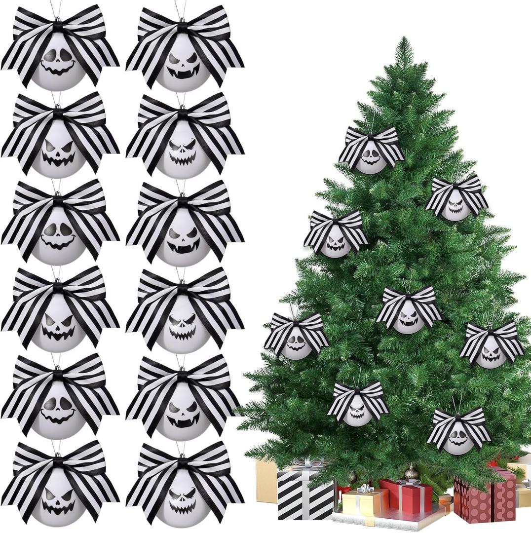 Soulchen 24 Pcs Christmas Black and White Ball Ornaments Xmas Hanging Ghost Scary Decorations 2.36 Inch Tree Ornaments for Christmas Party Gift Tree Decor Supplies(Bow)