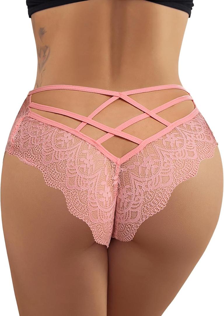 Milumia Women Sexy Floral Lace Underwear Criss Cross Seamless Bikini Panty Brief (Small, Salmon Rose Pink)