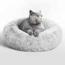 Love's cabin Calming Cat Bed for Indoor Cats, Anti-Anxiety Donut Round Dog Bed, Fluffy Faux Fur Washable Pet Bed for Small Medium Dogs and Cats,Grey, 20in