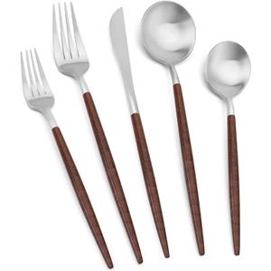 Matte Silver Silverware Set With Brown Handle, Vanys 20 Piece Stainless Steel Cutlery Flatware Set, Kitchen Utensil Sets for 4, Tableware With Knife Spoons And Forks Set, Satin Finished Polished