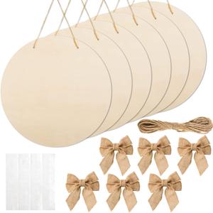12 Pcs 16 Inch Wood Circles for Crafts Unfinished Round Wood Discs Blank Wooden Rounds Slices Round Wooden Door Hanger Signs with Bows, Twine and Glue Points for DIY Craft Holiday Decor,5 mm Thick
