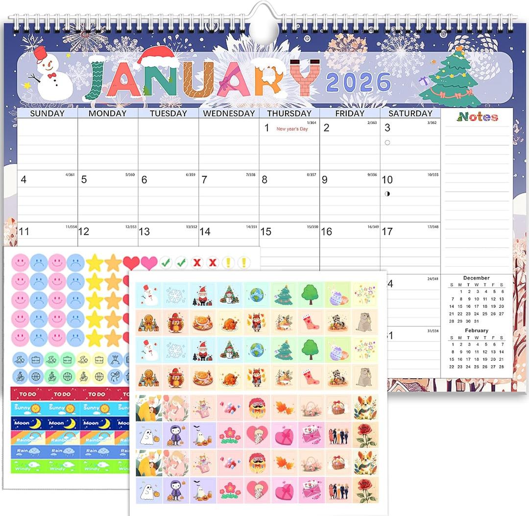 Calendar 2026, Anti Ink Bleed, Durable Thick Paper, Ample Writing Space, Wall Calendar 2026 with Stickers, 17" x 12" Large Seasonal Calendars for Home, Office, Student and Teacher Supplies- Colorful