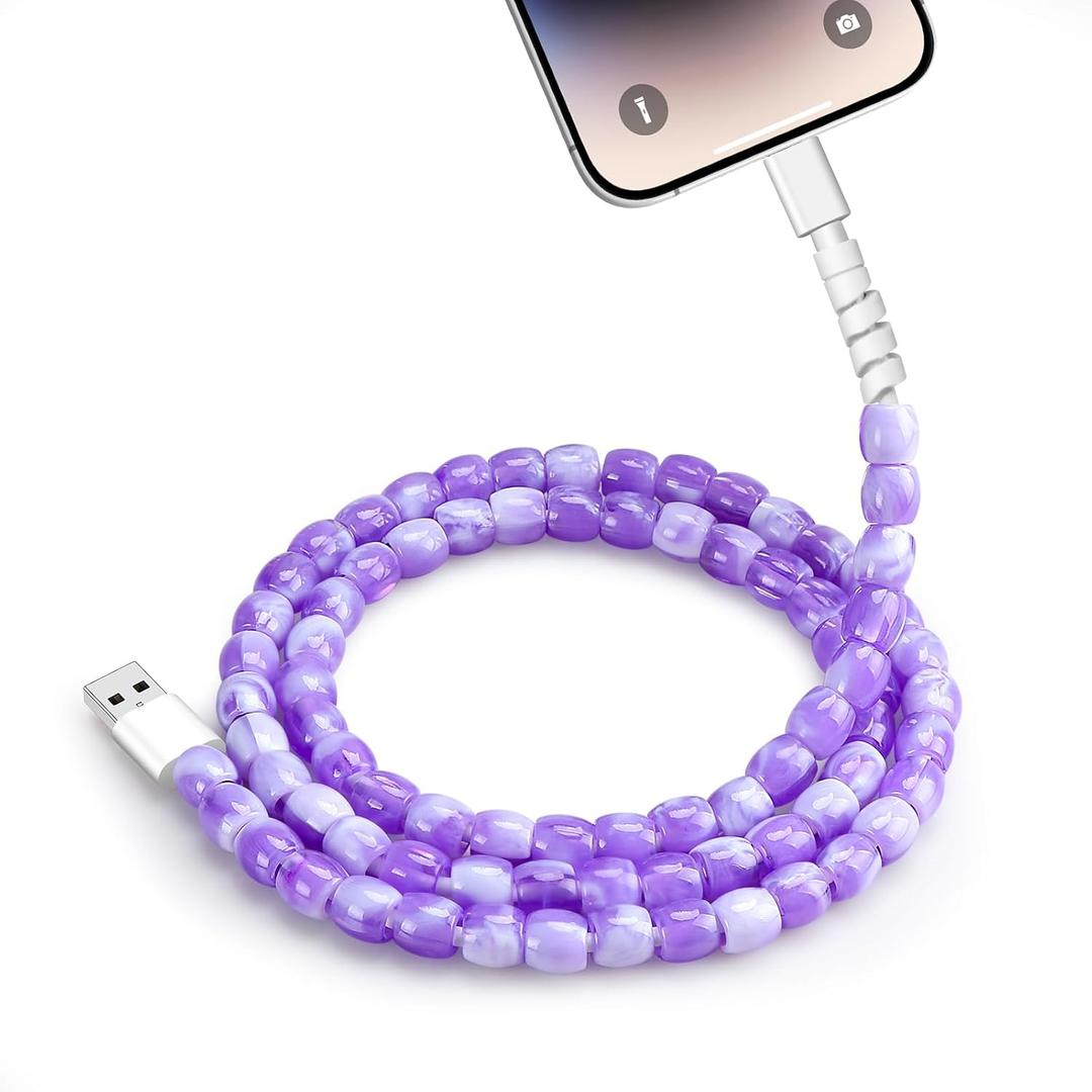 USB Cable for iPhone Beaded Charging Cord 66W Fast Charging USB A to iOS Cable 3.3FT Stylish Durable Cute Beaded Phone Charger Women Teens Girls for iPhone 14 13 12 12 11 XR iPad Airpods, Purple