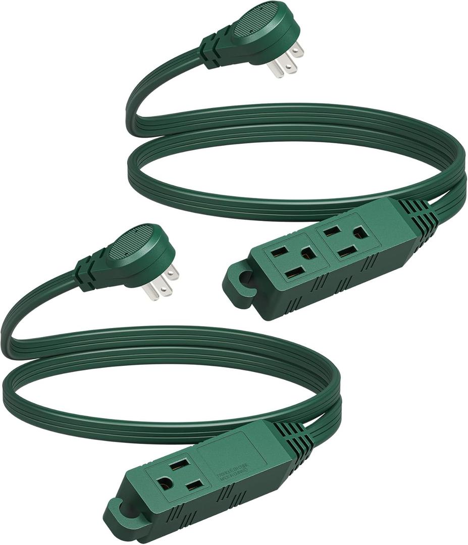 DEWENWILS 3 Outlet Flat Extension Cord Plug Christmas, 3FT 16/3 Awg Grounded Power Cable for Indoor Use, SPT-3 Cord, Green, ETL Listed, 2 Pack