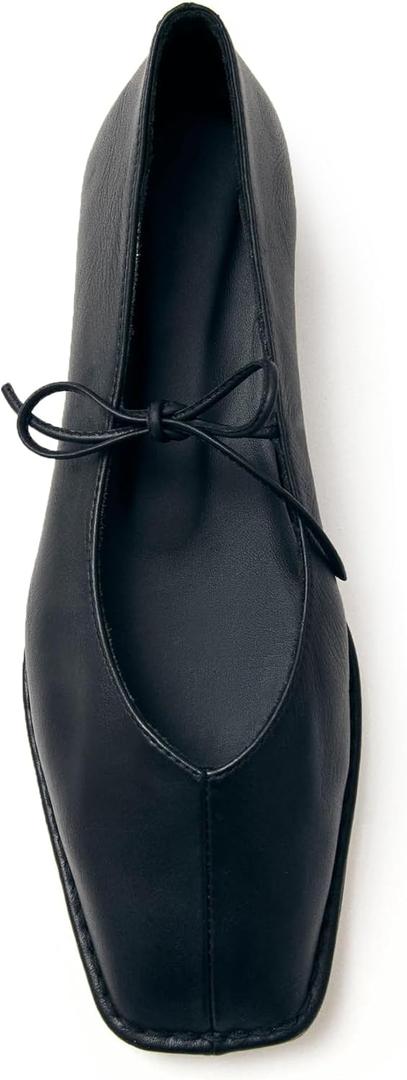 Lace Up Square Toe Ballet Flats for Women Cute Bow Slip On Mary Jane Flats Casual Ballerina Shoes (7, Black)