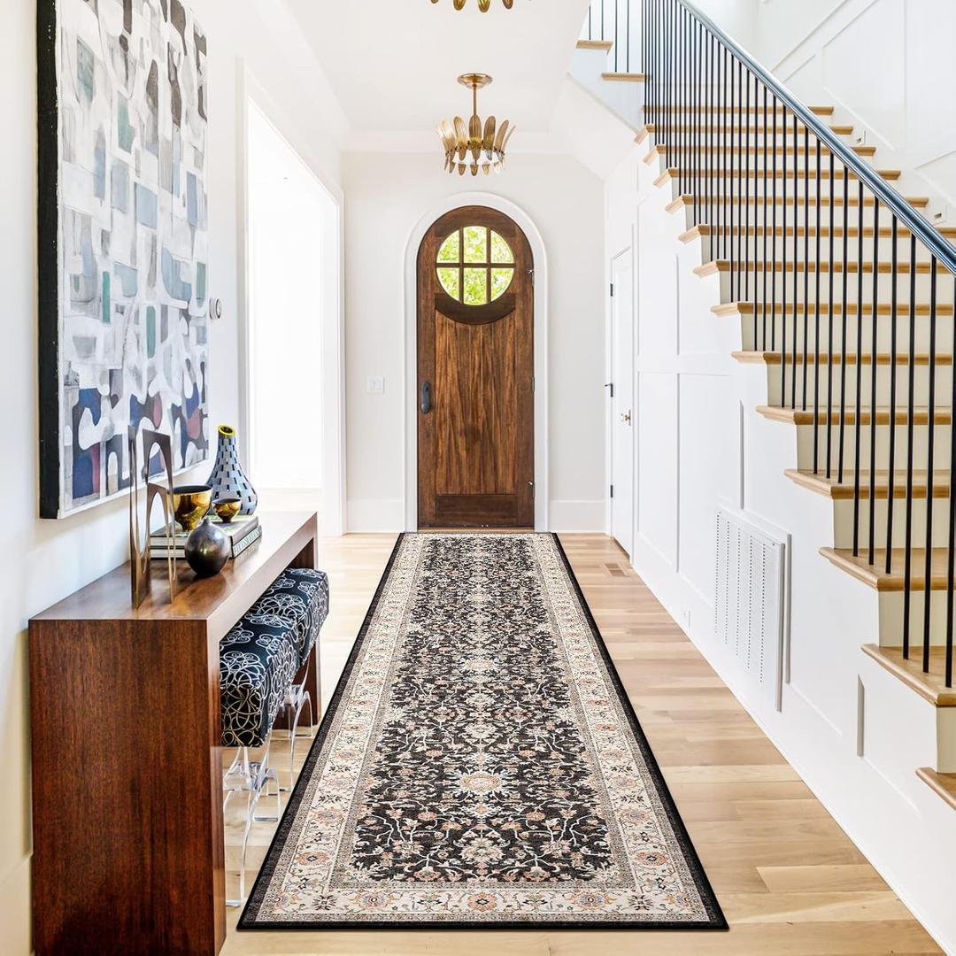 Washable Runner Rug 2x10 - Hallway Runner Rug Kitchen Rugs and Mats Non Skid Washable Waterproof Carpet Runner for Living Room Bedroom Bathroom (Black, 2X10)