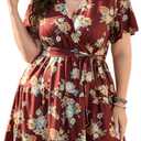 KOJOOIN Women Plus Size V Neck Wrap Dress High Waisted Short Sleeves Summer Casual Midi Dress with Belt Deep Wine Yellow Flower 2XL