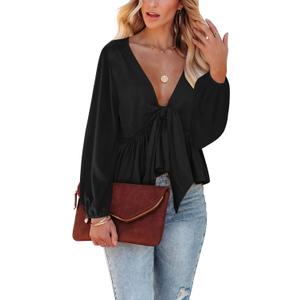 Fanway&EC Women's Long Sleeve V Neck Blouses Babydoll Tie Front Shirts Ruffle Hem Casual Crop Tops (Large, Black)