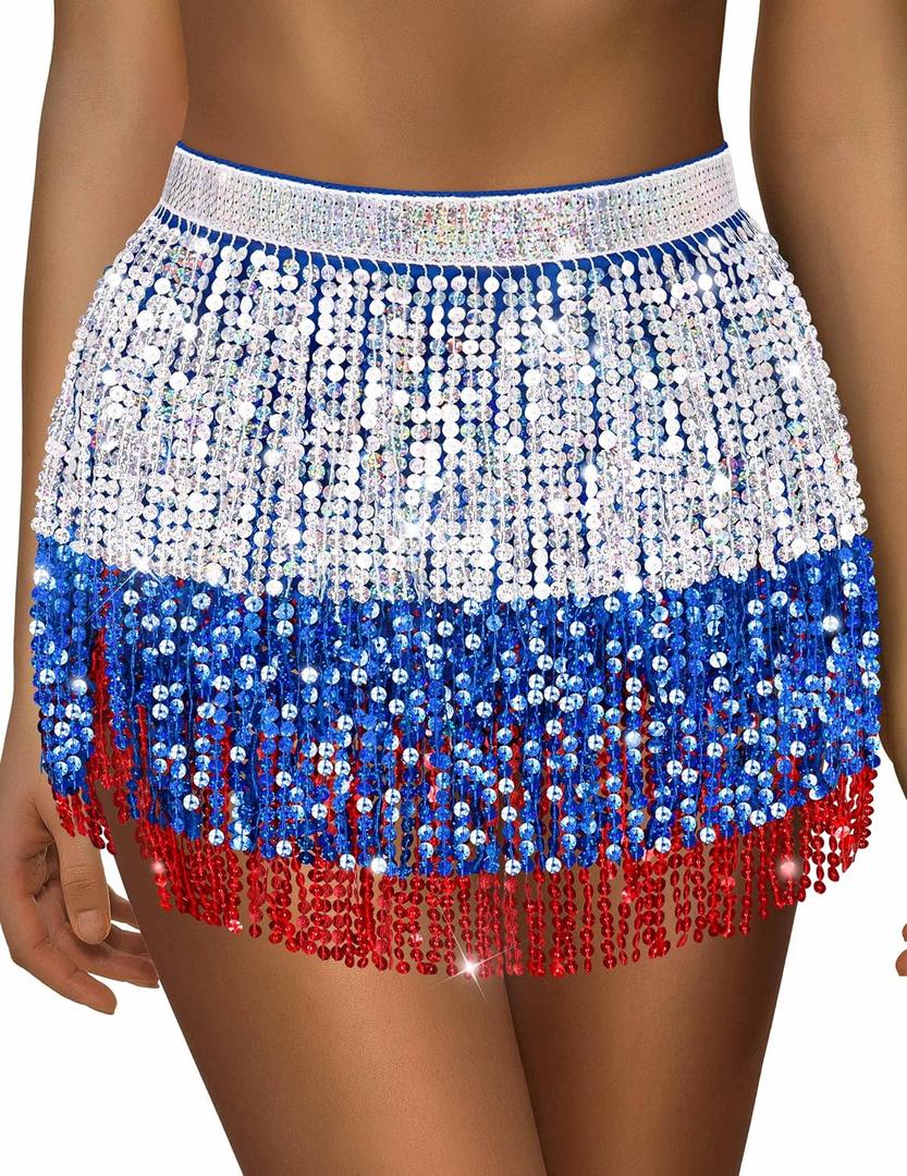 qikqik Sequin Skirt for Women Sparkly Skirt Tassel Skirts Halloween Sequin Fringe Skirts Belly Dance Glitter Rave Outfit Wrap