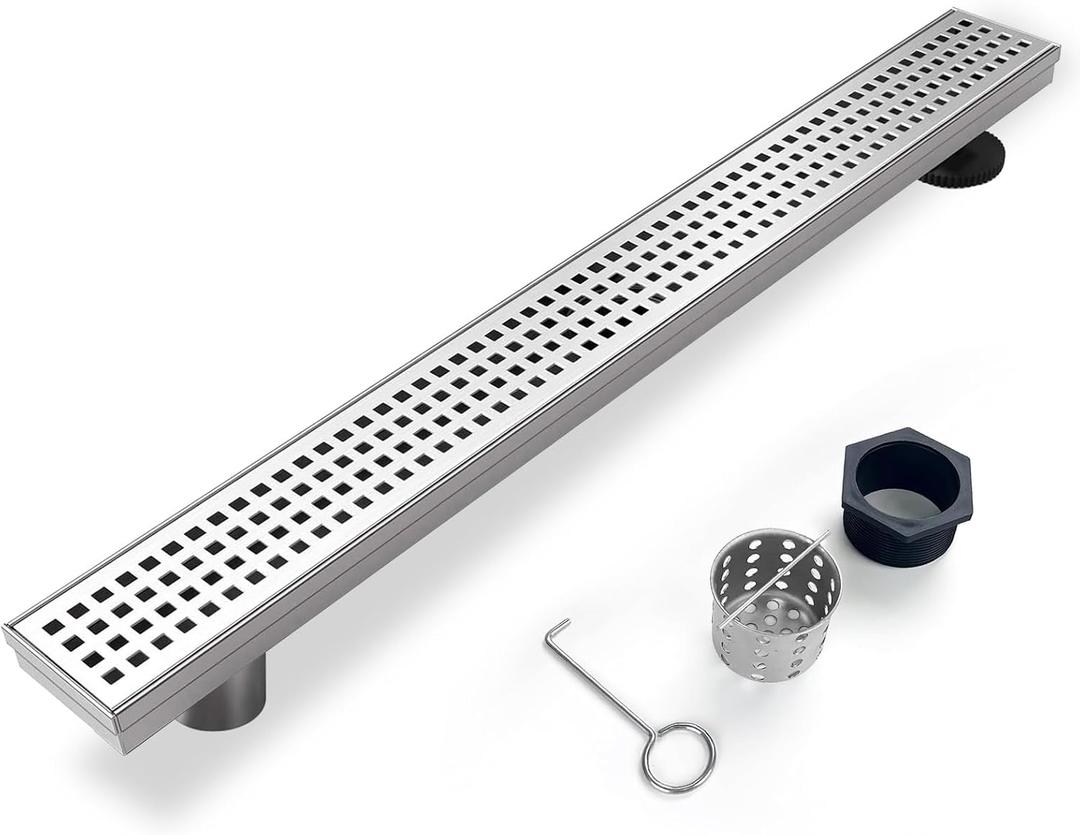 Offset Linear Shower Drain, Shower Drain 24 inch with Removable Grate Cover, Professional AISI 304 Stainless Steel Side Outlet Shower Floor Drain with Hair Catcher and Leveling Feet