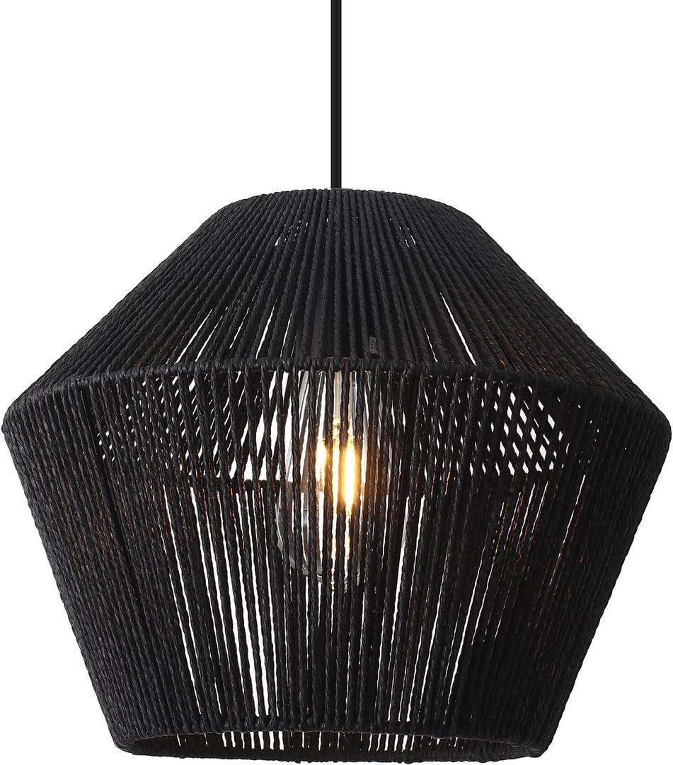 Black Rattan Pendant Light,12" Hand Woven Pendant Lights Coastal Lighting Fixtures Adjustable Boho Chandelier for Kitchen Island Dining Room Bedroom Foyer Brown