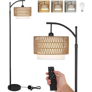 Arc Floor Lamps for Living Room with 3 Color Temperatures, Black Standing Lamp with Remote & Dimmable LED Bulb, Rattan Boho Floor Lamp, Farmhouse Tall Lamp for Bedroom, Over Couch Arched Reading Light