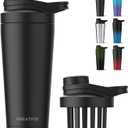 Stainless Steel Shaker Bottle with Noise-Free Design - Patented 24 oz Insulated Metal Shakers Bottles Cup for Protein Mixes and Pre Workout 100% Leak Proof (Black)