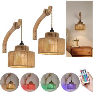 Dijiahua Boho Wall Sconces Set of Two Battery Operated,Wireless Rechargeable Woven Rattan Sconces Wall Lights with Remote, RGB 12 Colors Dimmable Wall Lamp, Wood Indoor Cordless Sconce Lighting (2 Pack-Cylinder, Brown+Yellow)