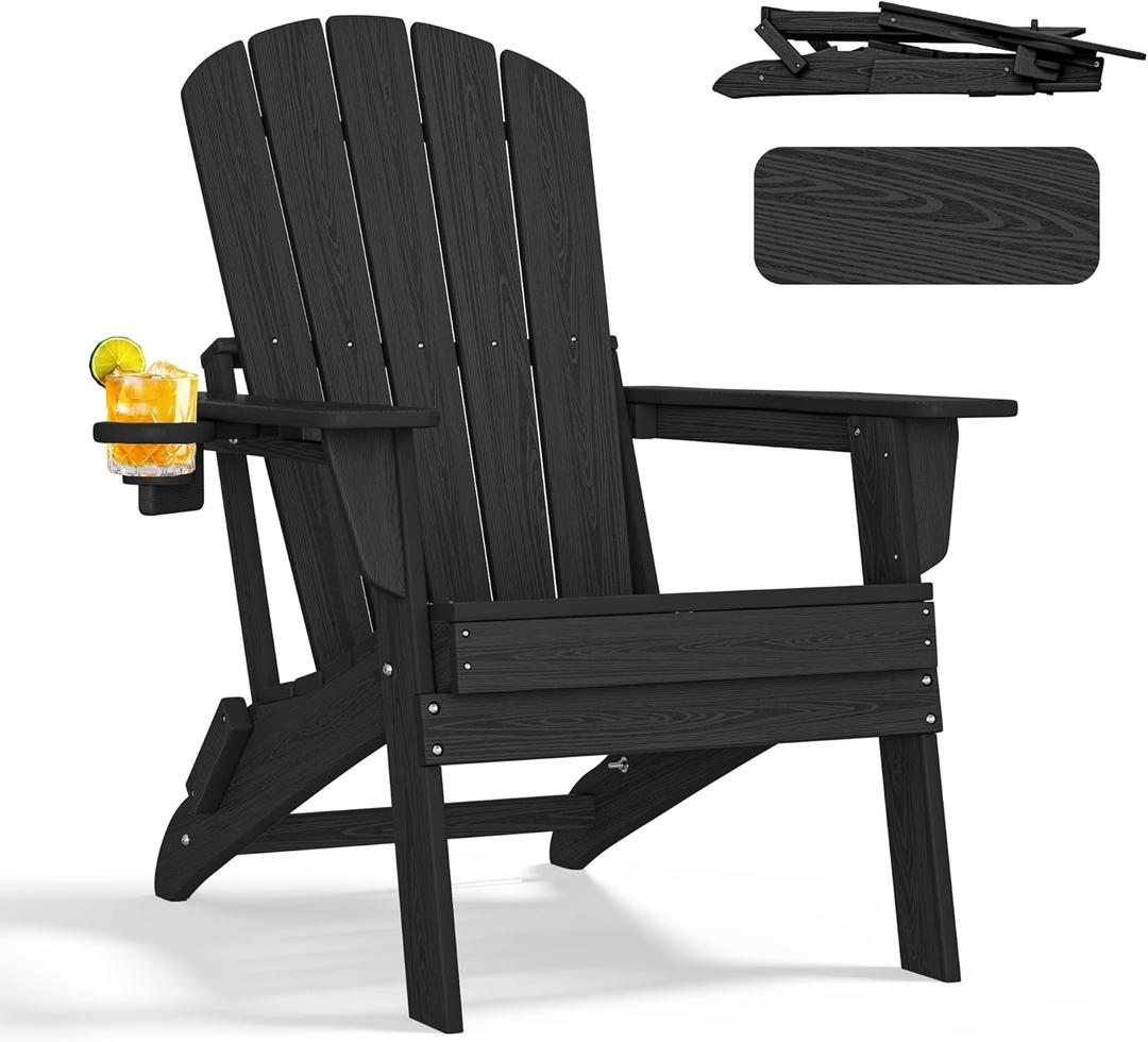 nevilywood Folding Adirondack Chair, Ergonomic Extended Backrest, HDPE All-Weather, 400lbs Capacity, Maintenance-Free, Cup Holder, Black- Outdoor Patio & Firepit Chair (1PC)
