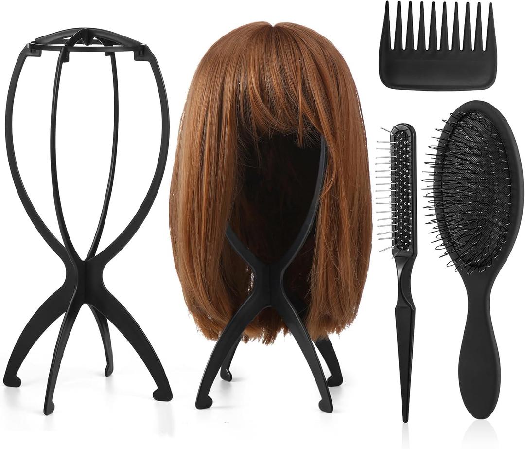 2 Pack Wig Head Stand with 3 PCS Wig Brush Comb, Travel Wig Holder Comb Set for for Women Multiple Wigs (Black)