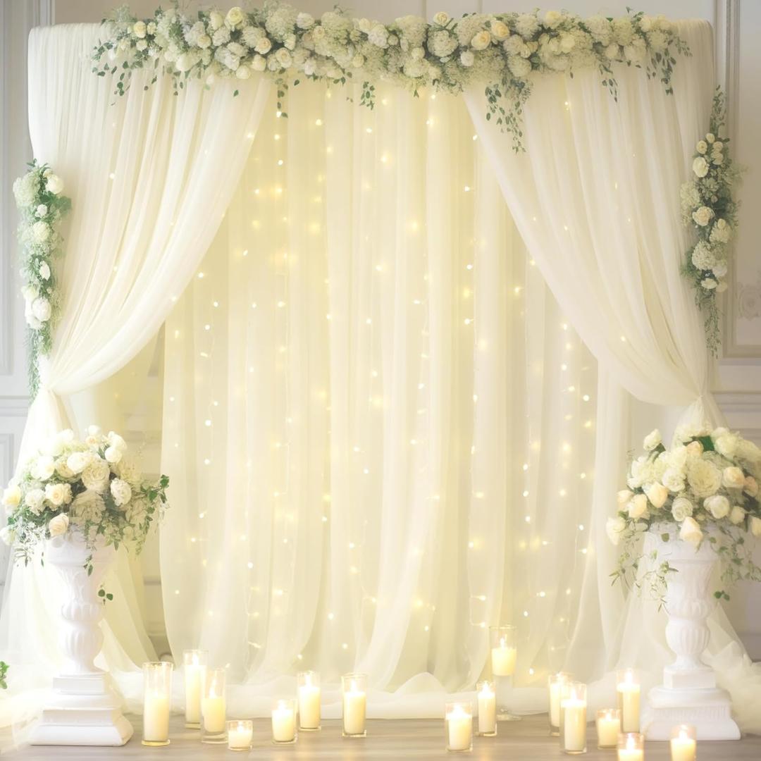 30x10ft Ivory Tulle Backdrop Curtain with Lights String for Parites, Sheer Backdrop Curtains for Wedding Baby Shower Birthday Party Photo Shoot Decorations (30ft x 10ft(6 Panels 5*10ft))