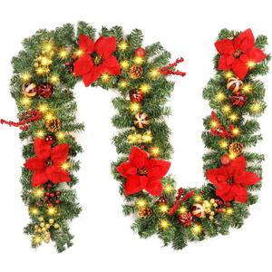 Quntis 9FT Prelit Christmas Garland with 50 LED Timer Lights, Christmas Decorations Poinsettia Garland for Mantle, 8 Mode Pinecones Berry Garlands for Fireplace Stairs Tree Outdoor Indoor Holiday