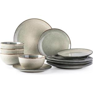 AmorArc Ceramic Dinnerware Sets for 4, 12 Pieces Handpainted Plates and Bowls Set, Scratch Resistant Stoneware Dishes Set, Dishwasher & Microwave Safe, Jade Green