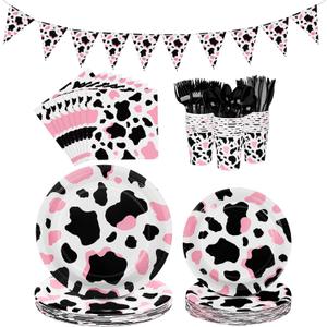 durony 198 Pieces Pink Cow Print Party Tableware Supplies Including Cowgirl Pink Cow Party Plates Spoons Forks Knife Cups Napkins Serves for 28 Banner and Tablecloths for Cow Theme Party Decorations