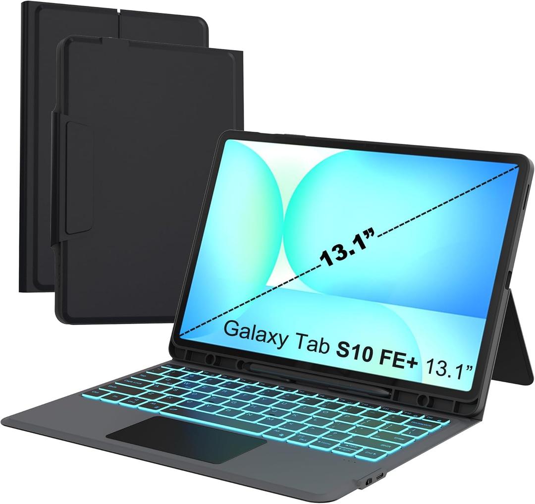 for Galaxy Tab S10 FE+ 13.1 inch Keyboard Case - Folio Combo 7 Color Backlit Tablet Book Cover with Smart Touchpad - Galaxy Tab S10 FE Plus 13.1" 2025 Samsung Keyboard Case with Pen Holder Black