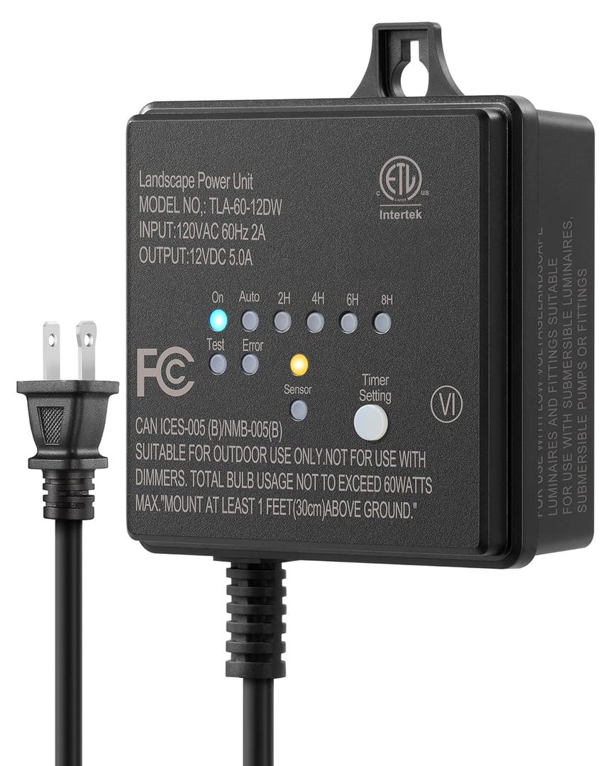 DEWENWILS 60W 120V AC to 12V DC Outdoor Low Voltage Transformer with Timer and Photocell Light Sensor, Weatherproof, Specially for LED Landscape Lighting, Spotlight, Pathway Light, ETL Listed