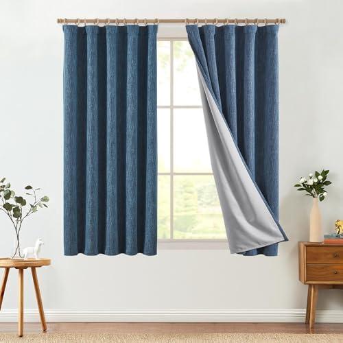 jinchan Burlap Look Curtains Blackout Curtains for Bedroom Lined Linen Textured Look Curtains for Living Room 63 Inches Long French Country Curtains Farmhouse Window Curtains 2 Panels Blue Curtains, Size: 50"W x 63"L (Pack of 2)