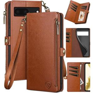 XcaseBar for Google Pixel 7 Wallet case with Zipper Credit Card Holderr RFID Blocking, Flip Folio Book PU Leather Phone case Shockproof Cover Women Men for Pixel 7 case Light Brown