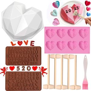 10pcs Valentines Heart Silicone Molds, Large Breakable Heart Mold for Chocolate with Hammer, 8 Cavity Diamond Hear t Shaped Silicone Molds for Valentines Candy Making