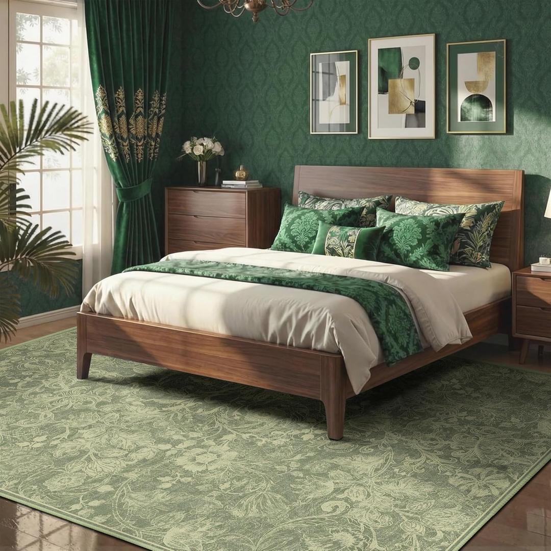 Washable Floral Area Rug 6x9 for Bedroom, Vintage Farmhouse Botanical Rug, Non-Slip Low Pile Thin Floor Carpet Large Area Rug, Soft Decorative Rug for Living Room Dining Room Home Office Light Olive