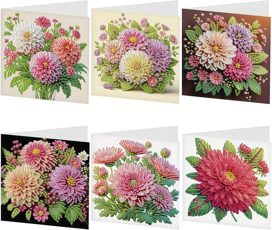 6pcs creative gift of diamond art painting birthday cards - flowers chrysanthemum, greeting card with envelope, handmade DIY painting birthday card art craft card kit postcards for family and friends