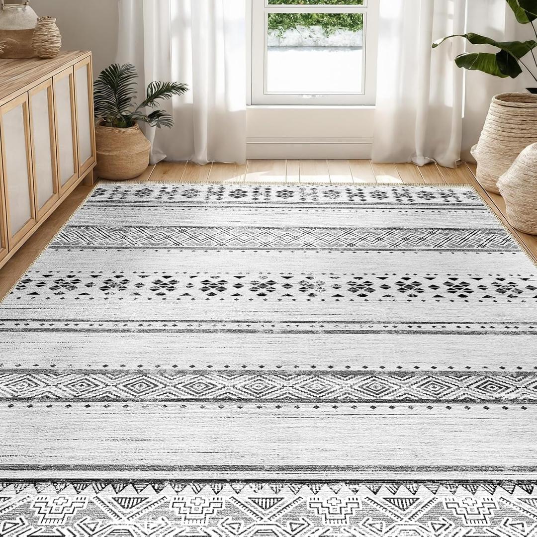 BESTSWEETIE 6'x9' Area Rugs for Living Room Washable Moroccan Farmhouse Neutral Geometric Low Pile Non-Slip Soft Print Pattern Rug for Bedroom Kitchen Dining Room Entryway Grey/Black/Navy