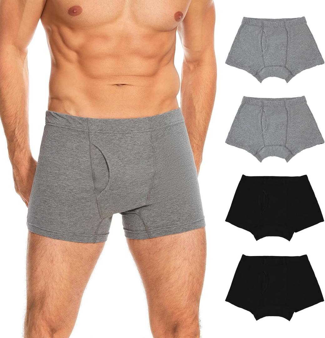 Washable Incontinence Underwear for Men - Cotton Urinary Leakproof Boxer Briefs with Fly, Front & Rear Protection 120 ml Absorbency (2 Gray + 2 Black, M)