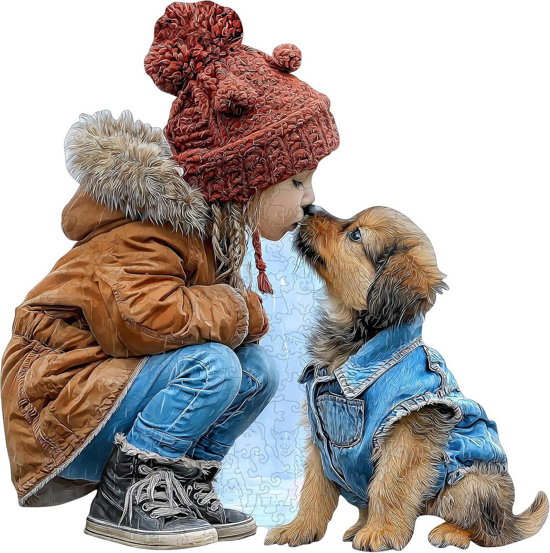 MEATRN Wooden Puzzles for Adults - Little Girl Kissing Puppy, 509 Pcs, 16.8x17 in, Cute Animal Wood Jigsaw Puzzle, Heartwarming Parent-Child Game, Birthday Gift for Kids Home Décor