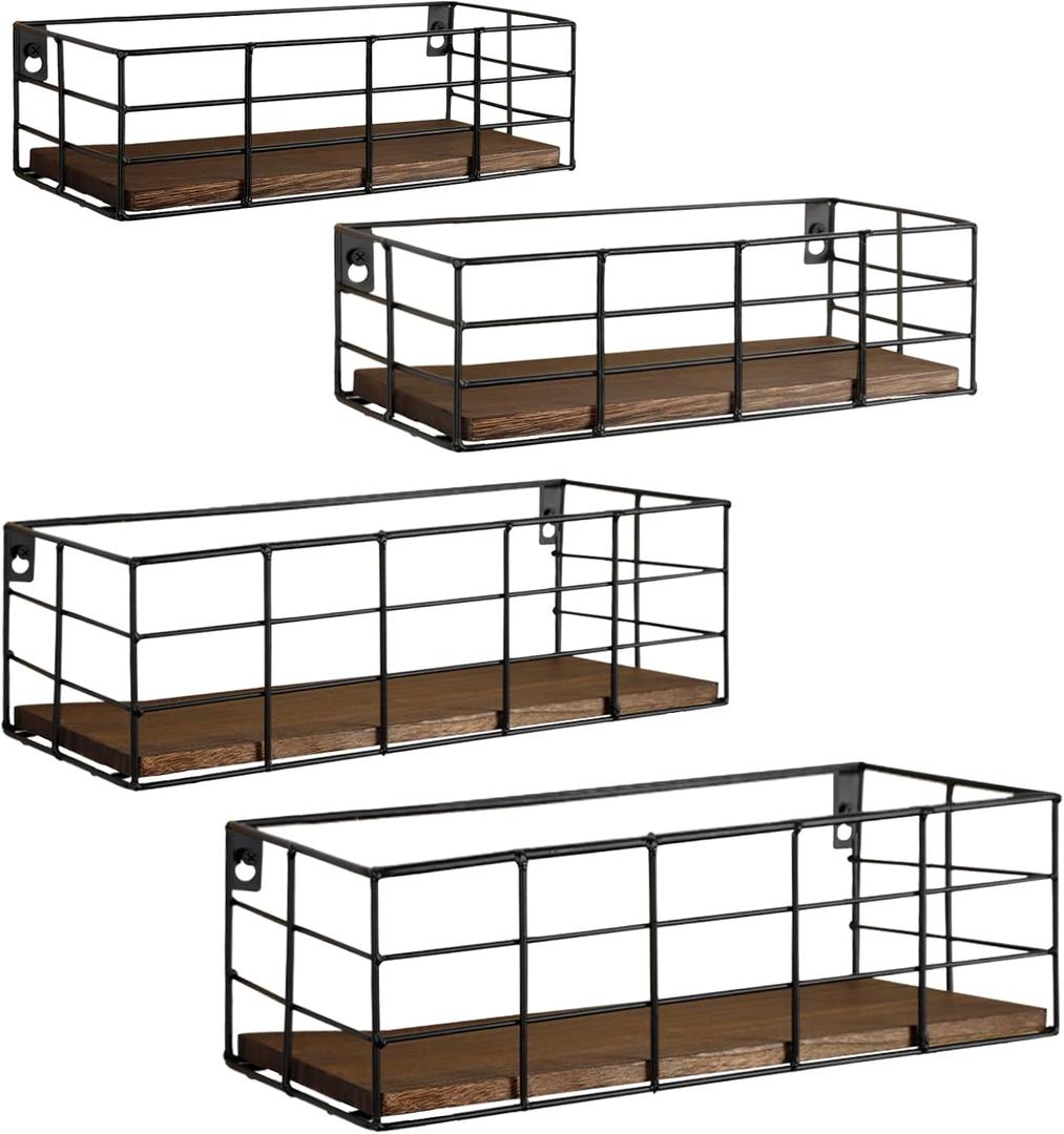 Fixwal Hanging Floating Shelves, 4 Sets of Wall Mounted Shelves for Wall Storage, Hanging Storage Shelf for Bathroom, Living Room, Bedroom, Kitchen (Paulownia) (Carbon Black)