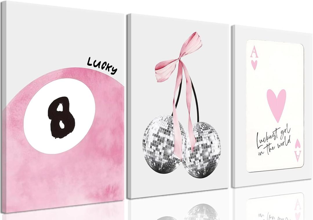 JBZZD Pink Coquette Canvas Wall Art Set of 3 Trendy Preppy Disco 8 Ball Cherry Wall Decor Posters Room Decor Prints Pictures for College Apartment Girls Bedroom Living Room Framed 16x24 In, 24L x 16W