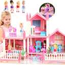 Dream Doll House for Girls with Lights, Mat, Dolls & Furniture - Imaginative Dollhouse Playset DIY Pretend Play Toy Gift for Kids Ages 3-8