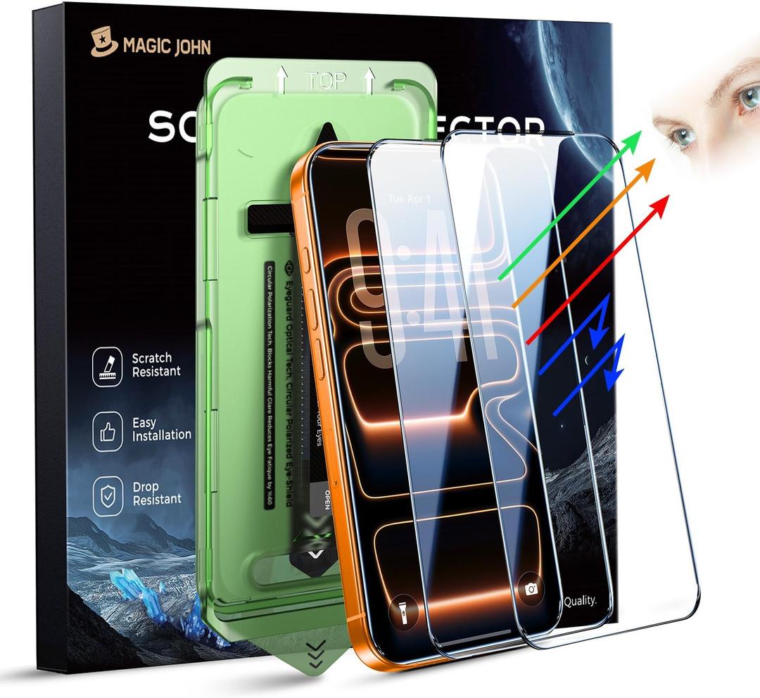 MAGIC JOHN 2 PACK for iPhone 17 Pro Max [6.9"] Eye Protection Screen Protector, HD Clear, Auto Dust-Elimination, 9H Tempered Glass & Scratch Resistance, Full Edge Coverage