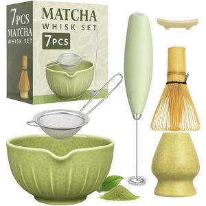Matcha Whisk Set - Matcha Set Included Electric Matcha Whisk, Matcha Bowl with Spout, Bamboo Matcha Whisk, Matcha Whisk Holder, Matcha Sifter, Ceremony Gift Box (Spoon Not Included)