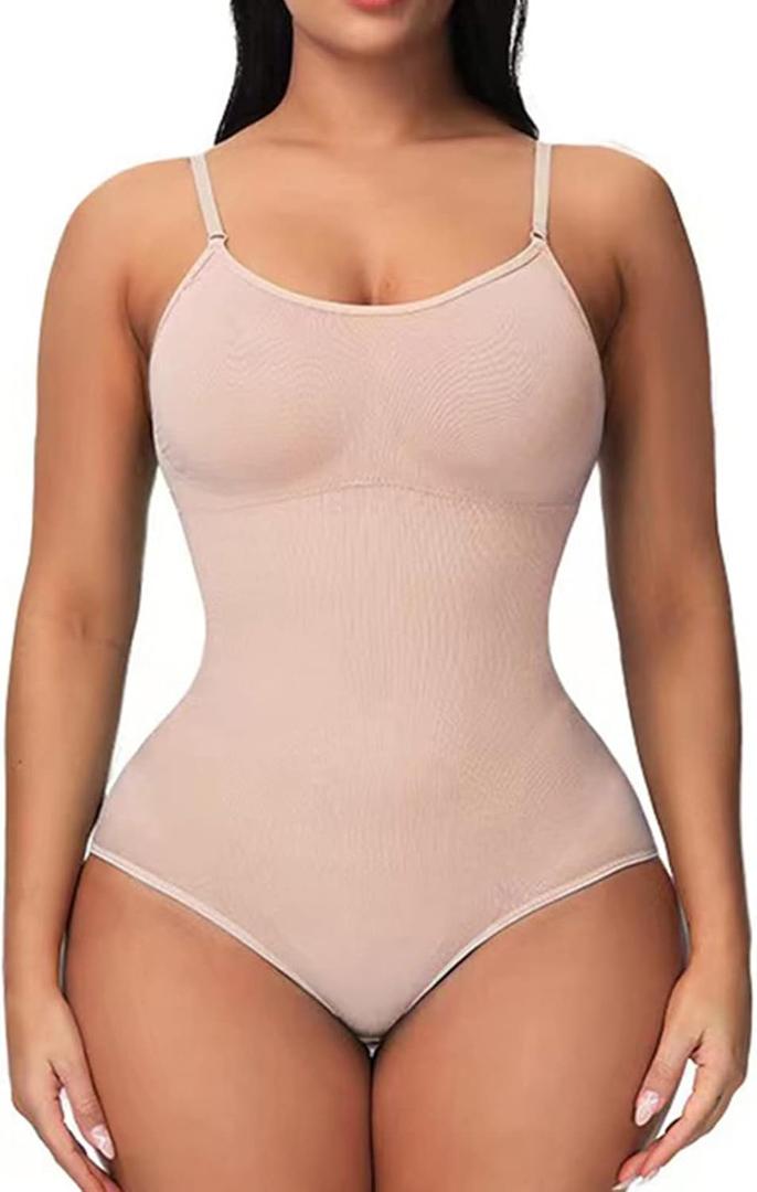 2 Pack Bodysuit for Women - Seamless Tummy Control Shapewear Sculpting Thong Sleeveless Women Body Shaper (Large, Beige-brief)