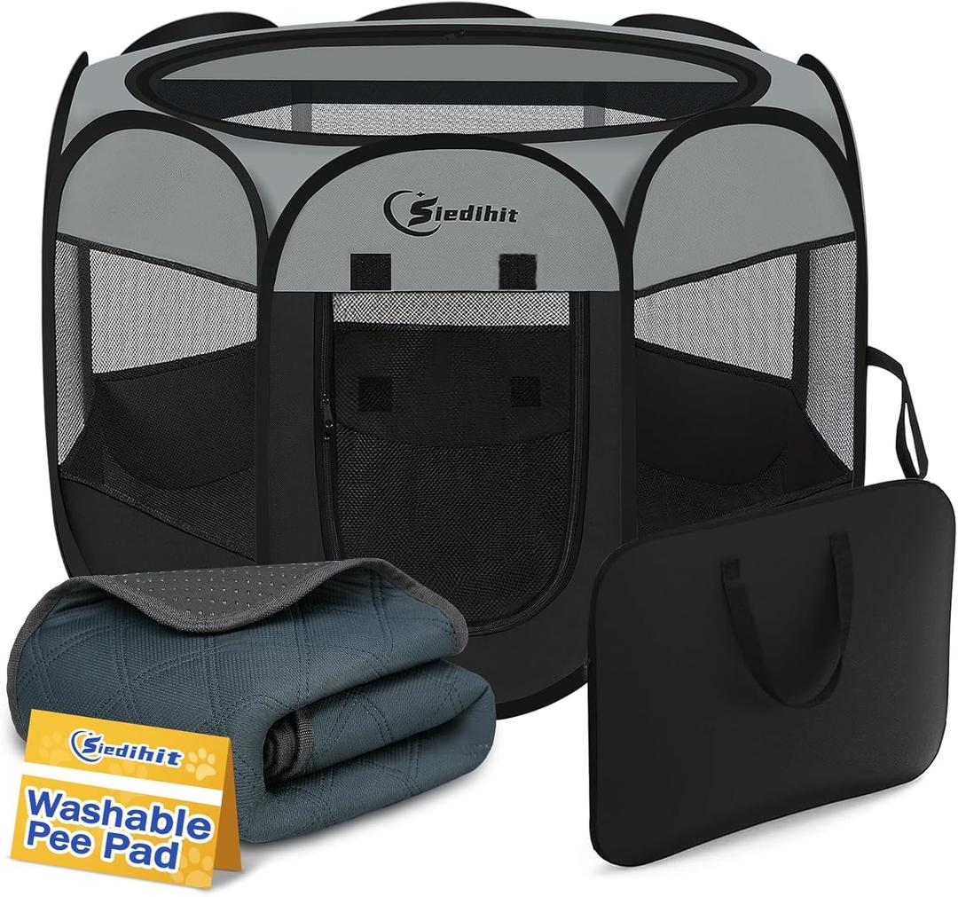 Dog Cat Playpen with Washable Pee Pad, Puppy Pet Playpen Indoor for Small Dog Crate Tent Cage Outdoor, Portable Pop Up Dogs Enclosure Kennel with Carrying Case,Dark Grey