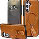 Butaiga for Samsung Galaxy S23 Case Leather with Stand, Anti-Slip Grip Ring, Fits for MagSafe (Brown, S23)