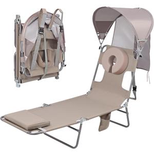 Backpack Beach Tanning Chair with Canopy and Face Hole, 6 Position Folding Lay Out Lounge Chair, UPĚ 50+ Wind-Resistant Sun Shade, Portable Recliner for Sunbathing, Outside, Poolside, Lawn, 2Pack
