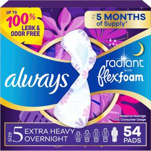 Always Radiant Feminine Pads for Women, Flexfoam Pads with Wings, Size 5, Extra Heavy Overnight Absorbency, Lightly Scented, 54 Count (3 Packs of 18)