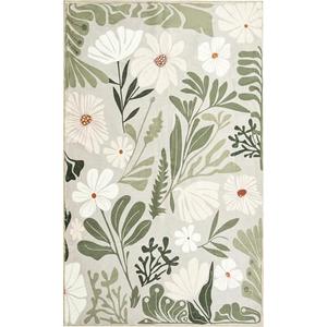 RoomTalks Cute Funky Bedroom Rugs Aesthetic Decor, 5x7 ft. Washable Area Rug Non Slip Sage Green Boho Floral Botanical Rug Modern Abstract Throw Rug Accent Carpet for Living Room Kitchen Entryway Dorm