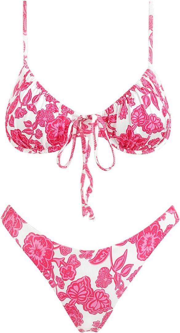 VOLAFA Women's Triangle Bikini Set Swimsuit Print Push Up Elastic Tie String Top Ribbed Two Piece Bathing Suit (Pink, S)