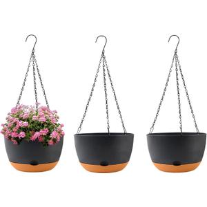 10 inch Plant Pot Hanging Planters Self Watering Pots for Indoor Plants, 3 Pack Plastic Hanging Basket with Removable Tray for Home Garden Porch Balcony Patio Decor(Black)