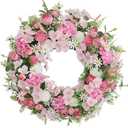 Pink Flower Door Wreath 24-26 Inch  Spring Summer Easter Wreath with Faux Silk Rose Hydrangea White Chrysanthemum Eucalyptus Leaves, Front Door Proch Walls Dcor