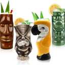 Cocktail Tiki Mugs Set of 4 - Large Ceramic Hawaiian Cocktail Mugs Drinkware, Cute Exotic Cocktail Glasses, Tiki Bar Professional Hawaiian Party Barware - TKSET0011